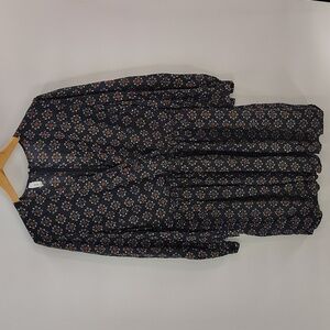 MNG Dress Size Large Faux Wrap Stretch Waist Dark Gray Orange Print